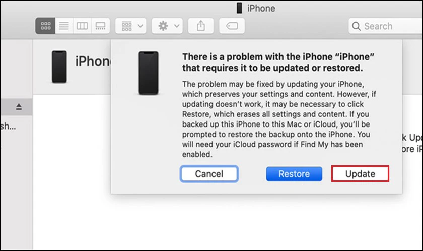 Nhấn vào Update để khắc phục iPhone bị treo táo