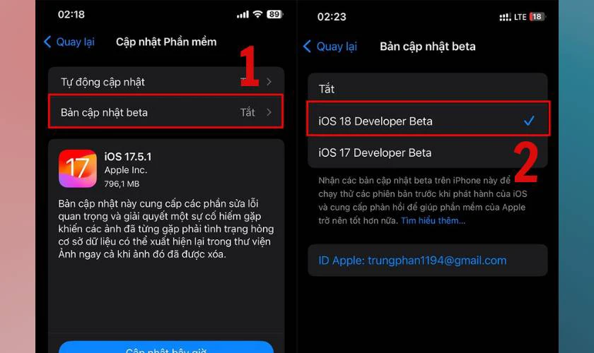 Tiếp đến bạn chọn Bản cập nhật beta