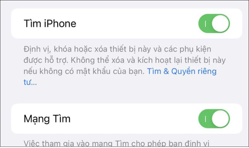 Gạt cần điều khiển sang phải để bật tính năng tìm kiếm cho iPhone của bạn