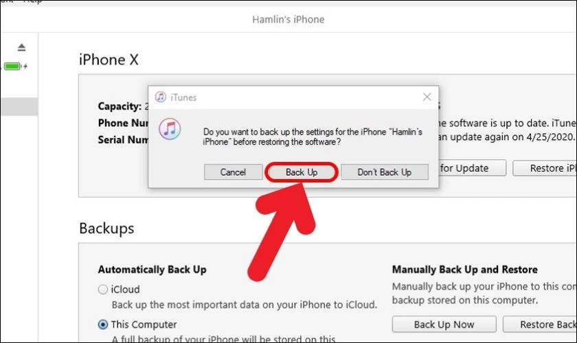 Sau đó, bạn sẽ được nhắc sao lưu thiết bị iOS trước khi khôi phục cài đặt gốc. Bạn nhấn Back up
