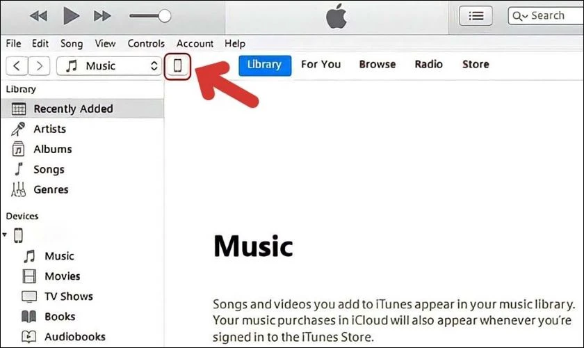 Sau khi kết nối thành công, bạn mở iTunes và chọn vào biểu tượng điện thoại