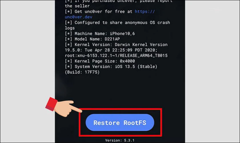 Ấn chọn Restore RootFS để xóa Jailbreak, khôi phục cài đặt gốc của iPhone