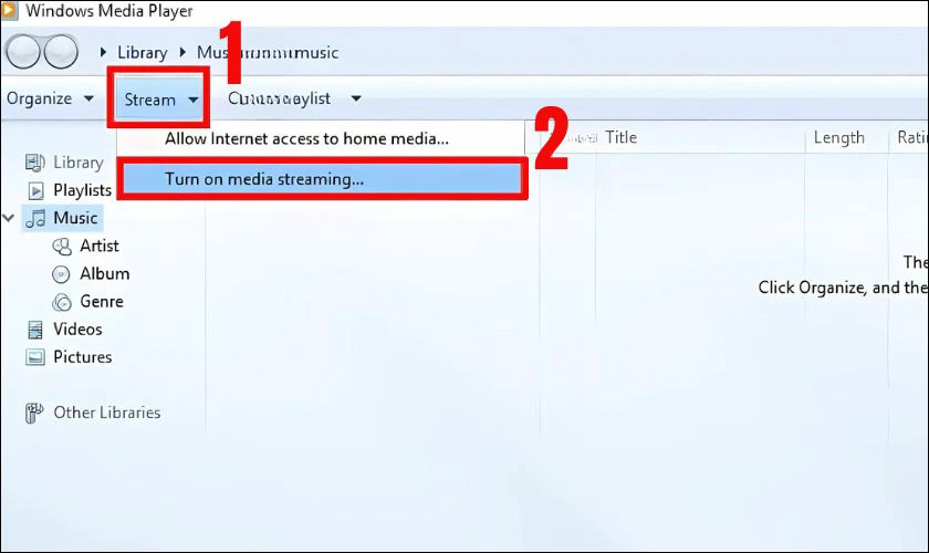 Trên laptop, mở Windows Media Player, nhấn vào mục Stream