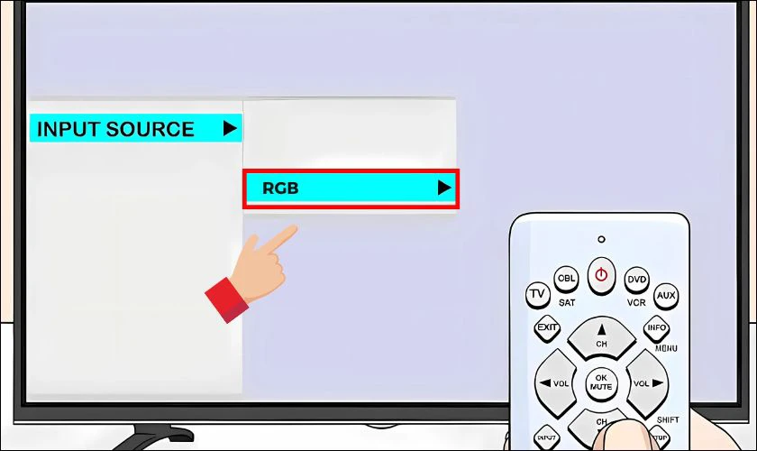 Trên tivi, dùng remote chọn nguồn vào (Input/Source) là PC hoặc RGB