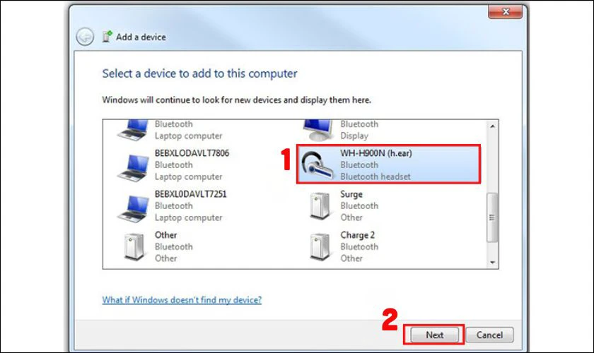 Chọn tên thiết bị cần ghép nối và nhấn Next