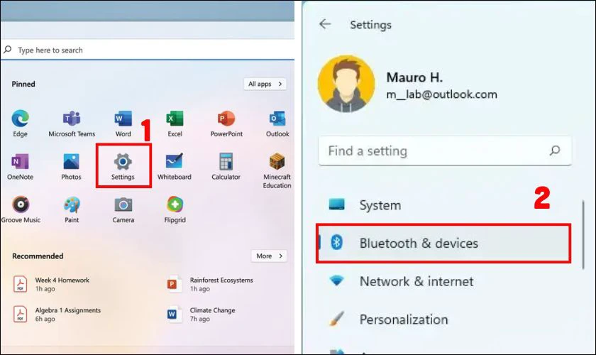 Click chọn Settings rồi chọn tiếp Bluetooth & Devices