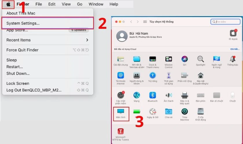 Vào menu Apple, chọn Cài đặt hệ thống, chọn Màn hình