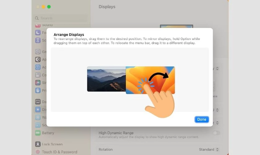 Sử dụng nút Sắp xếp (Arrange) để kéo thả và định vị vị trí các màn hình