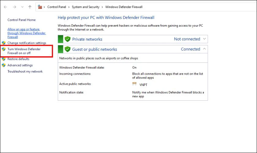 Trường hợp tường lửa chưa bật, hãy nhấp vào Turn Windows Defender Firewall on or off ở khung bên trái