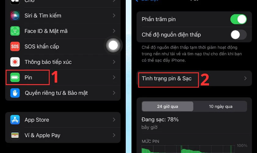 Vào mục Pin trong Cài đặt rồi chọn Tình trạng pin & Sạc