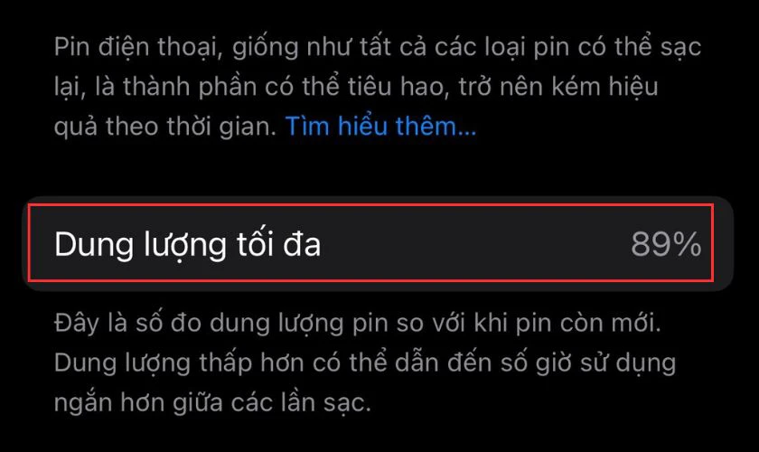 Quan sát mục Dung lượng tối đa