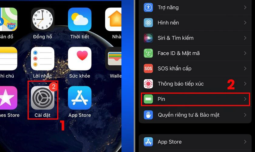 Vào mục Pin trong Cài đặt trên iPhone