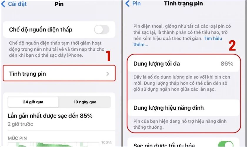 Kiểm tra tình trạng pin hiện tại tại mục Dung lượng pin tối đa