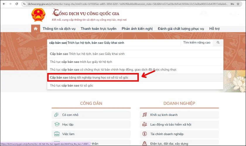 Chọn "Cấp bản sao văn bằng, chứng chỉ từ sổ gốc"