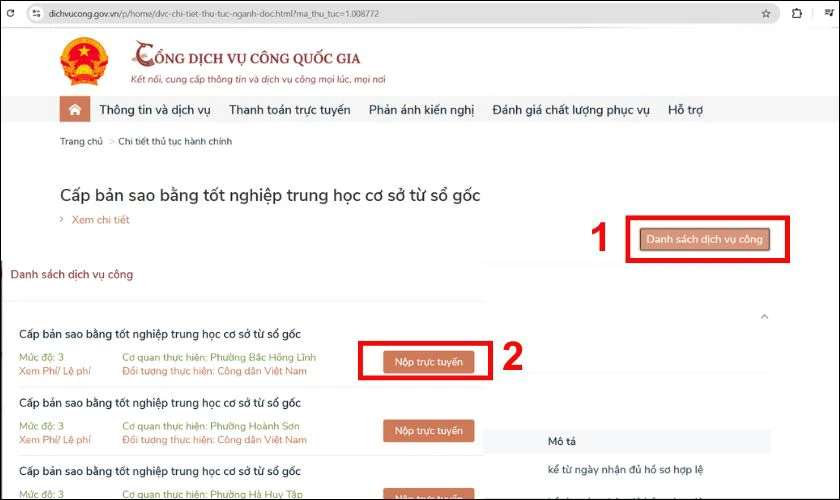 Chọn “Nộp hồ sơ trực tuyến” và điền đầy đủ thông tin