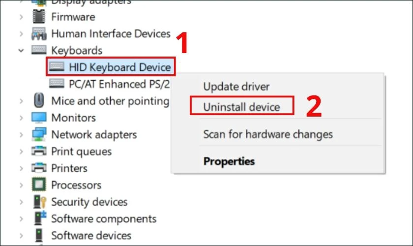 Tại mục Keyboards, nhấn chuột phải vào tên bàn phím, chọn Uninstall device