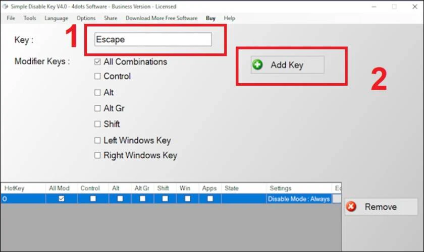 Mở phần mềm, trong ô Key, nhập phím muốn khóa rồi nhấn Add Key