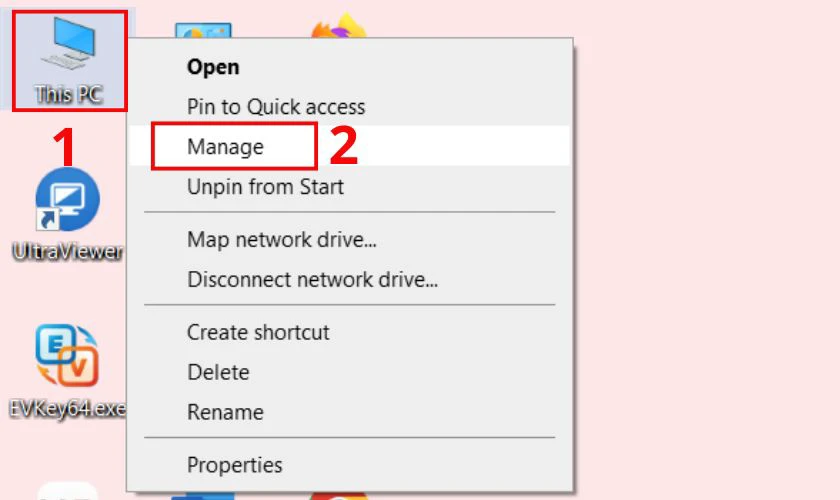 Nhấn chuột phải vào biểu tượng This PC trên màn hình, chọn Manage