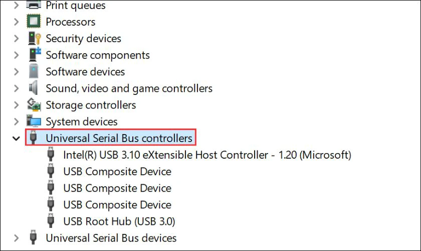 Tìm và nhấp vào Universal Serial Bus Controllers