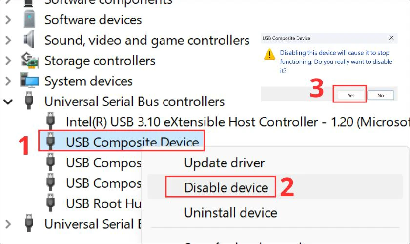 Chọn Disable device rồi xác nhận thao tác bằng cách nhấp vào Yes
