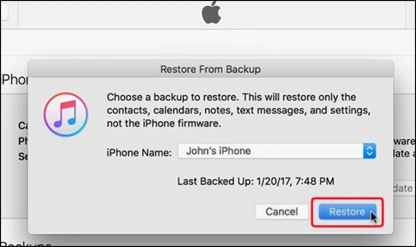 Xuất hiện hộp thoại Restore From Backup
