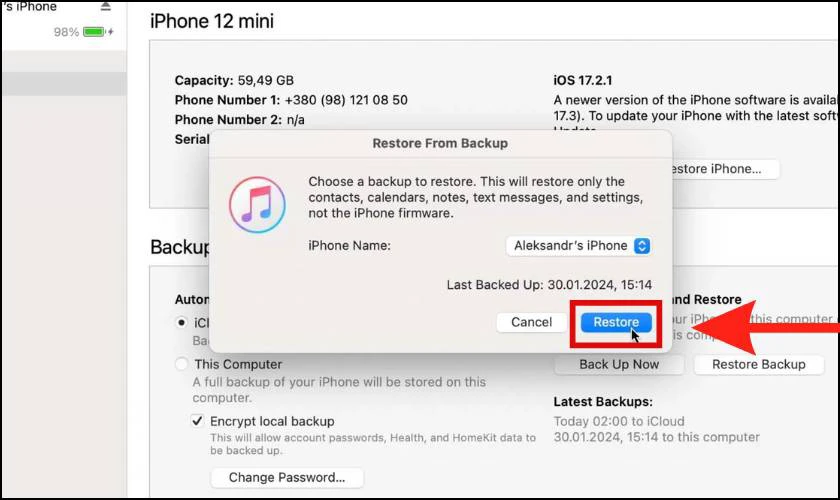  Nhấp vào Restore