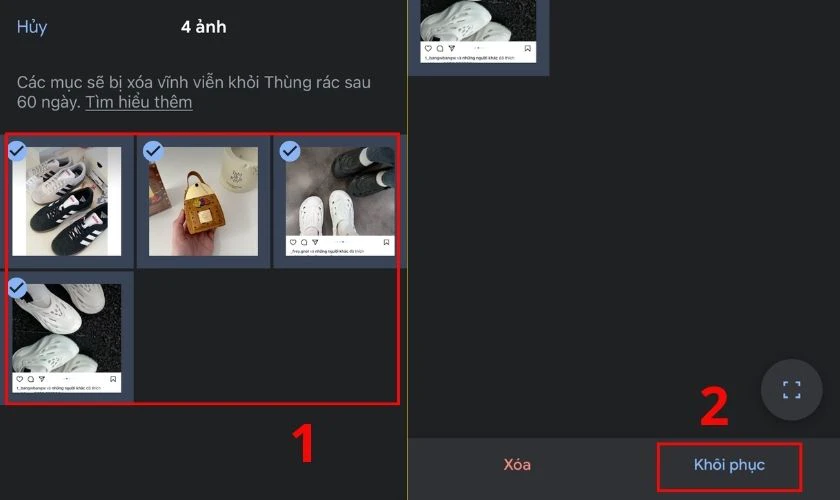 Sau khi đã chọn xong các ảnh, nhấn vào nút Khôi phục