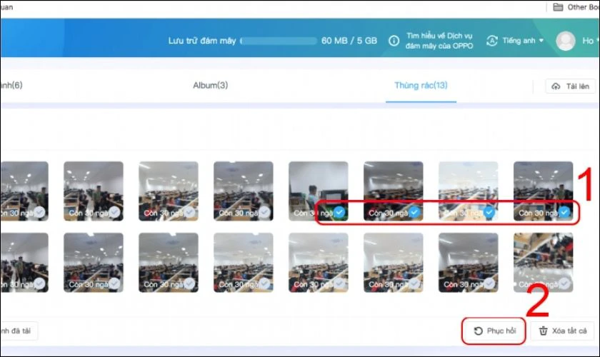Nhấn vào Phục hồi để bắt đầu quá trình khôi phục các ảnh đã chọn