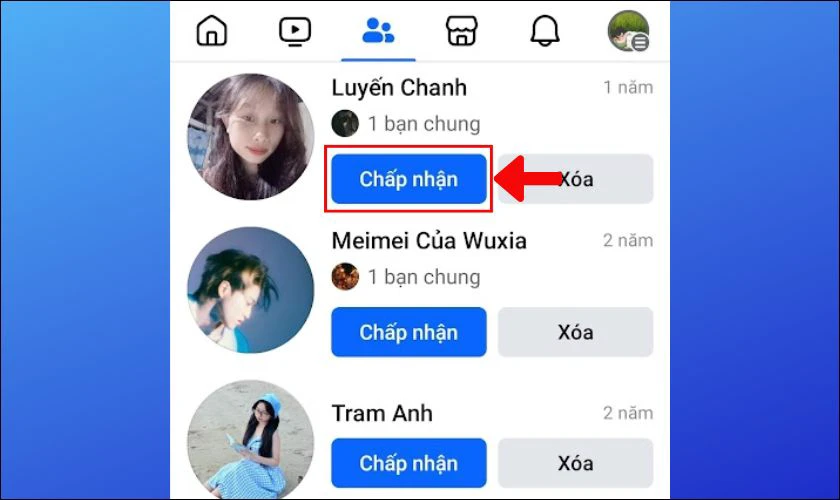 Chấp nhận đề nghị kết bạn Facebook