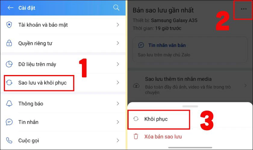 Chọn tính năng Sao lưu và khôi phục