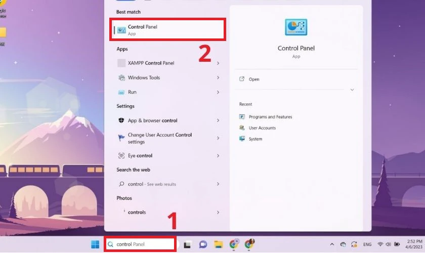 Dùng Control Panel để sửa lỗi
