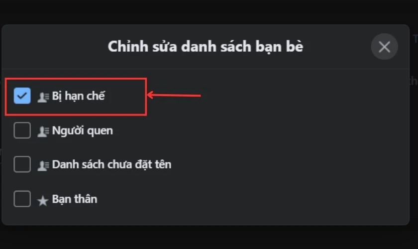 Chọn Bị hạn chế