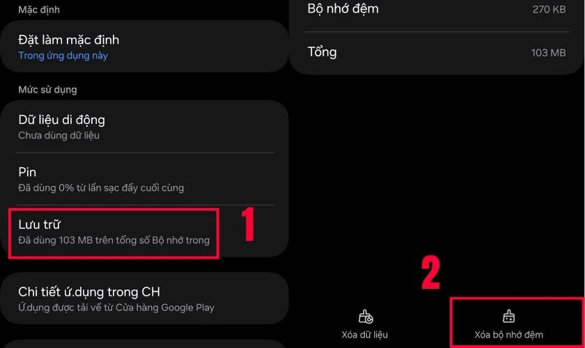 Nhấn chọn Lưu trữ và chọn Xóa bộ nhớ đệm