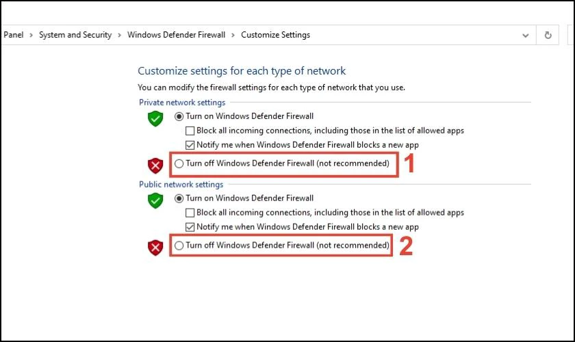 Chọn Turn off Windows Defender Firewall để tắt tường lửa Win 10, Win 11