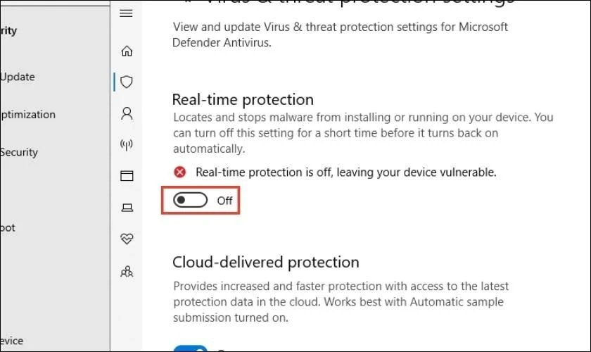 Tại mục Real-time protection chuyển tự On sang Off