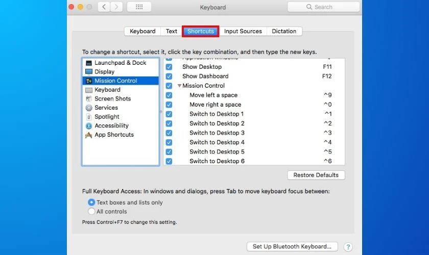 Chọn vào mục Keyboard Shortcuts