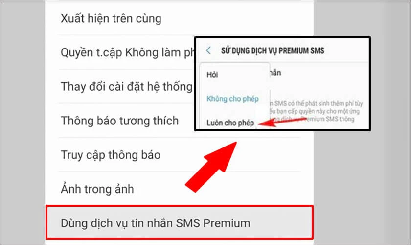 Luôn cho phép Pemium SMS hoạt động để không gặp lỗi SMS trên Samsung nữa