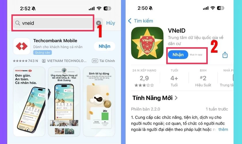 Mở App Store, tìm VNeID và nhấn Nhận