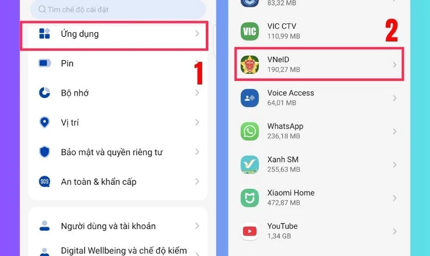 Vào Cài đặt, chọn mục Ứng dụng, tìm và chọn ứng dụng VNeID