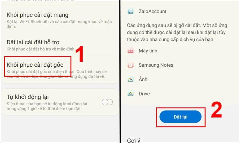 Chọn Khôi phục cài đặt gốc, nhấn vào nút Đặt lại