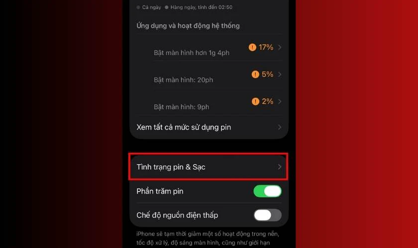 Chọn mục “Tình trạng pin & Sạc”
