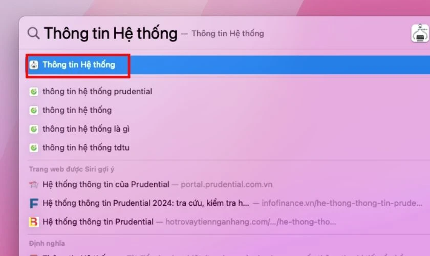 Nhấn tổ hợp phím Command + Space, và gõ tìm kiếm Thông tin Hệ thống