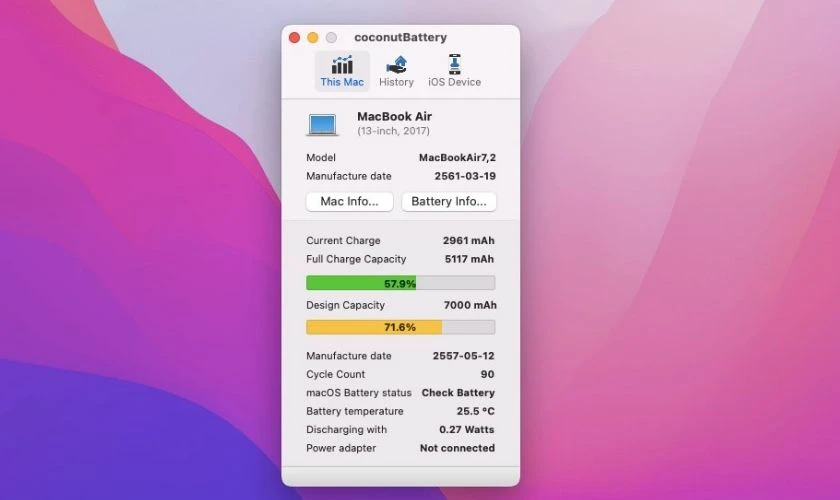 Coconut Battery sẽ hiển thị thông tin về pin của Macbook