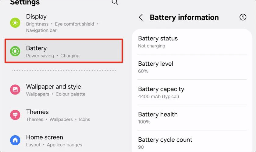 Kiểm tra độ chai pin Samsung bằng Cài đặt