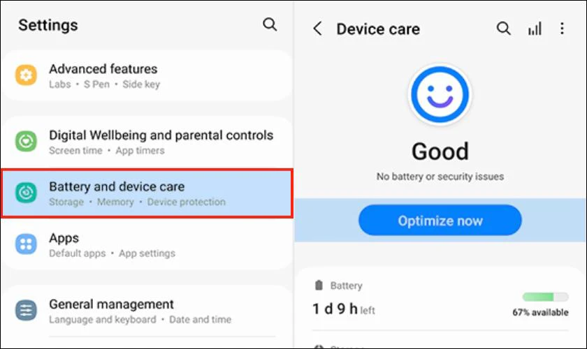 Kiểm tra độ chai pin Samsung bằng Chế độ chăm sóc pin và thiết bị