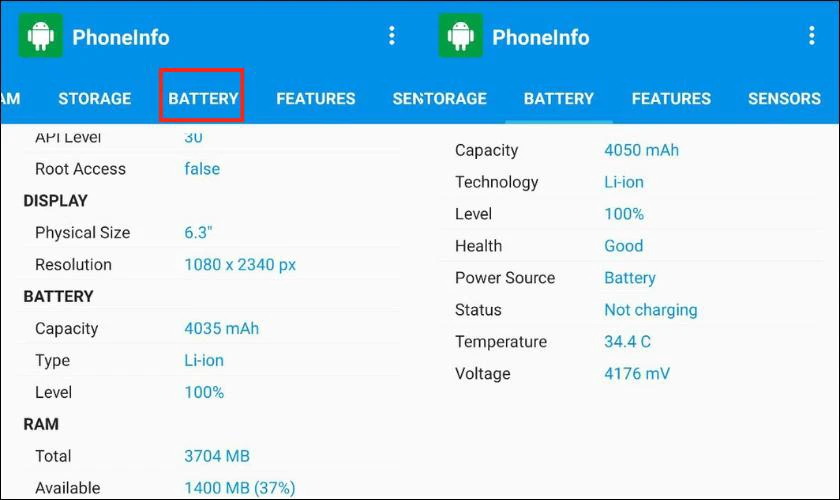 Chọn mục Battery hoặc Pin để xem thông tin chi tiết