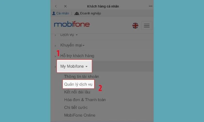 Chọn Quản Lý Dịch Vụ trong My MobiFone và kiểm tra thông tin dung lượng