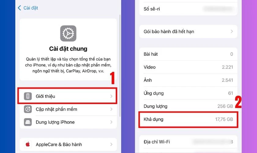 Kiểm tra dung lượng iPhone trong mục Giới thiệu