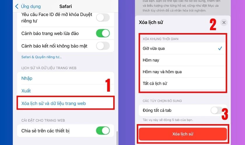 Nhấn Xóa lịch sử và dữ liệu trang web