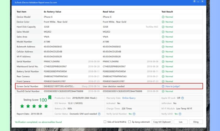Kiểm tra thông qua phần mềm 3uTools trên máy tính
